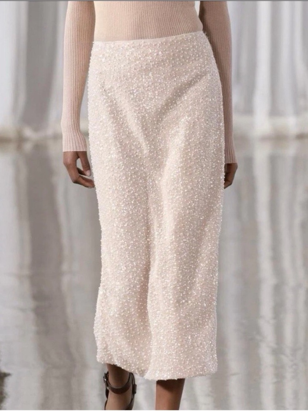 NWT Zara Pearl-Embellished Cream Midi Skirt Size M
